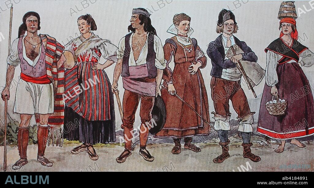 Fashion, clothing in Spain from 1810-1830, from left, a cartwright leader from the former Kingdom of Murcia, a farmer from the Mancha, a farmer from Argonia, an Argonian from the mountains with protruding point collar, a merchant from the province of Santander and a farmers wife from Asturias, digital improved reproduction from an original from the year 1900.