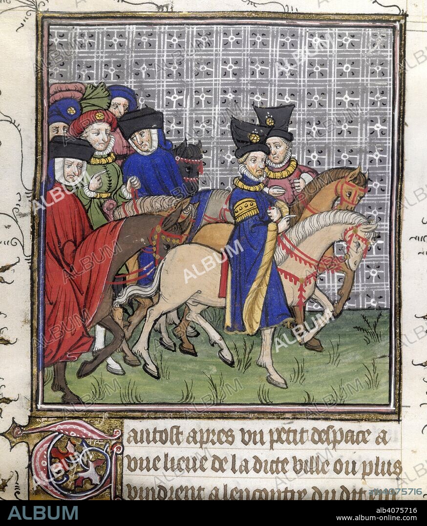 Dukes of Berry and Burgundy. Chroniques de France ou de St Denis. End of 14th century. [LH miniature and text] John, Duke of Berry with Phillip II, Duke of Burgundy, and others riding. Text beginning with decorated initial 'T'  Image taken from Chroniques de France ou de St Denis.  Originally published/produced in End of 14th century. . Source: Royal 20 C. VII, f.196v. Language: French.