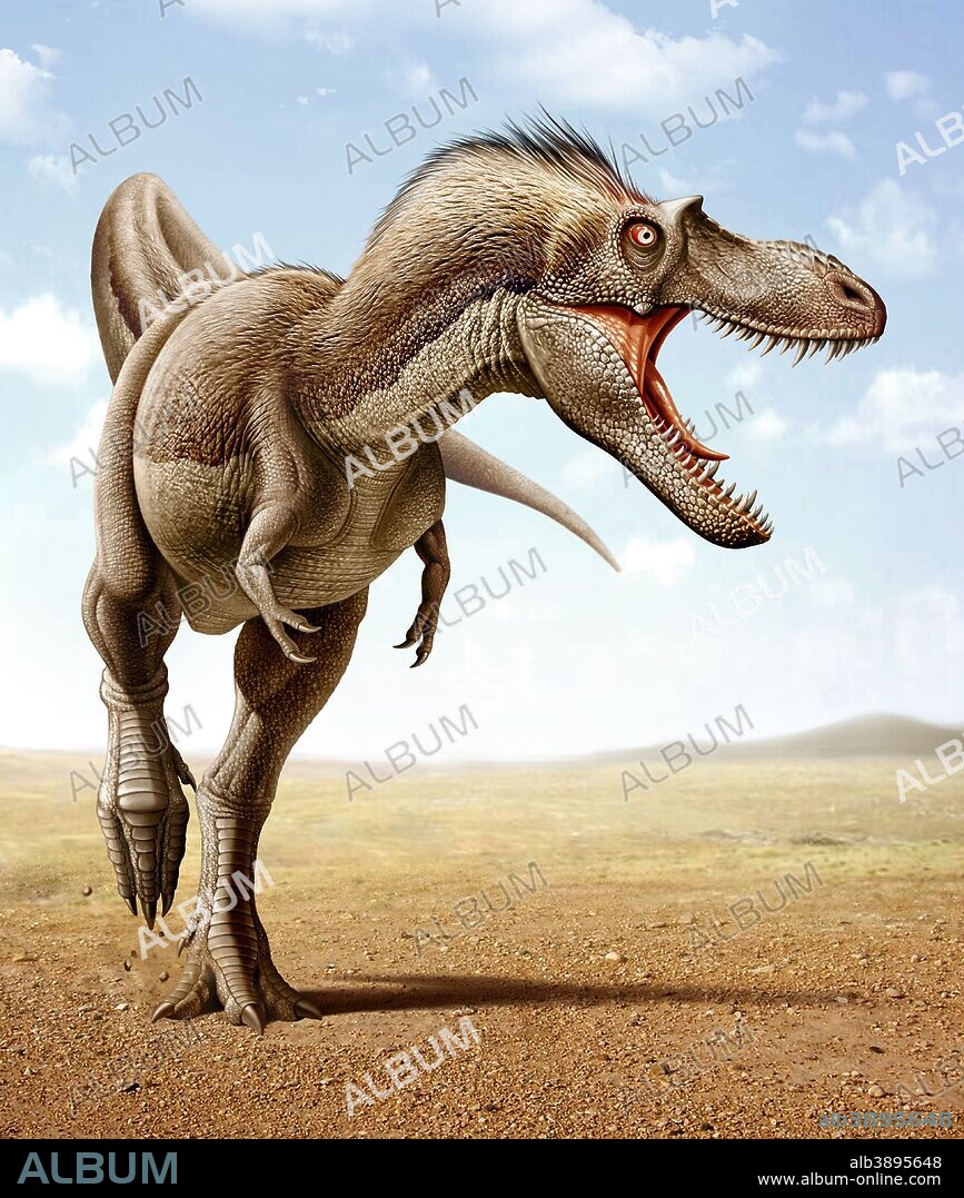 Gorgosaurus running across an open desert.