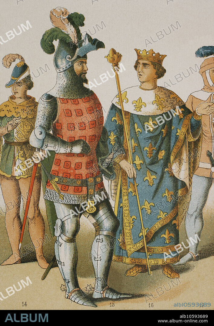 Historia de Francia. 1300. De izquierda a derecha, 14: caballero, 15: guerrero, 16: rey. Cromolitografía. "Historia Universal", por César Cantú. Tomo VI, 1885.