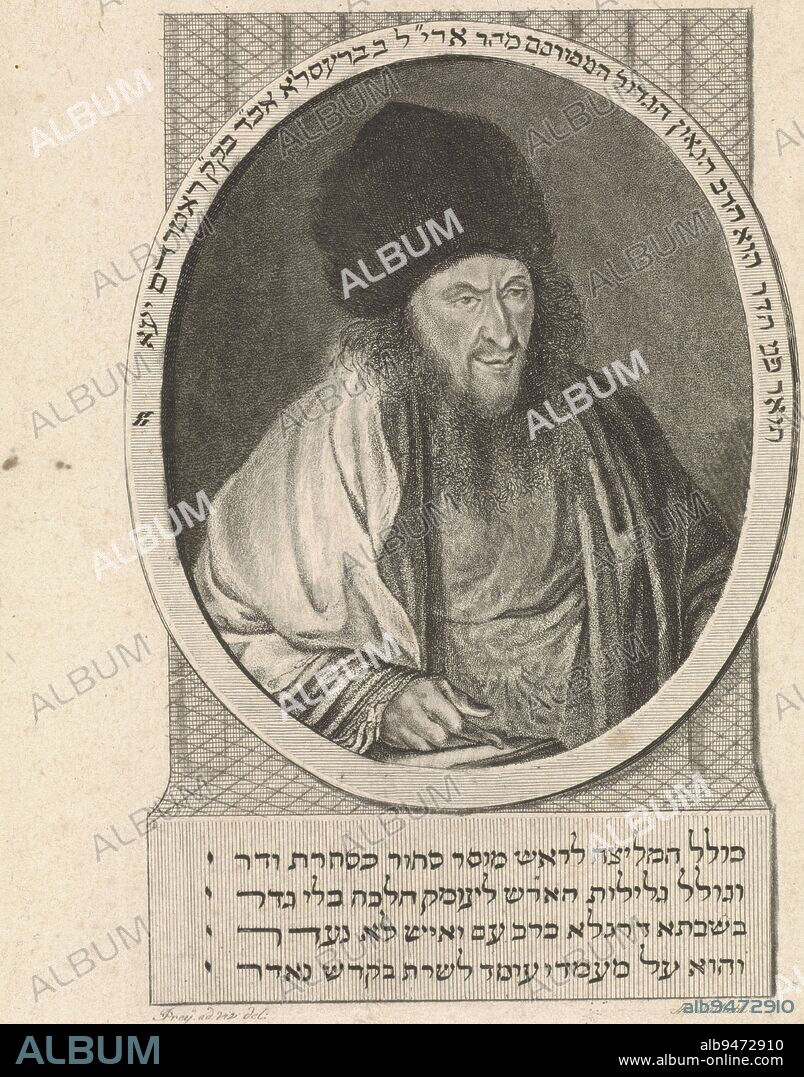 Portrait of the Rotterdam rabbi Arjeh Leib Breslau, print maker: Mathias de Sallieth, (mentioned on object), intermediary draughtsman: Johannes Zacharias Simon Prey, (mentioned on object), 1770 - 1791, paper, etching, h 220 mm × w 157 mm.