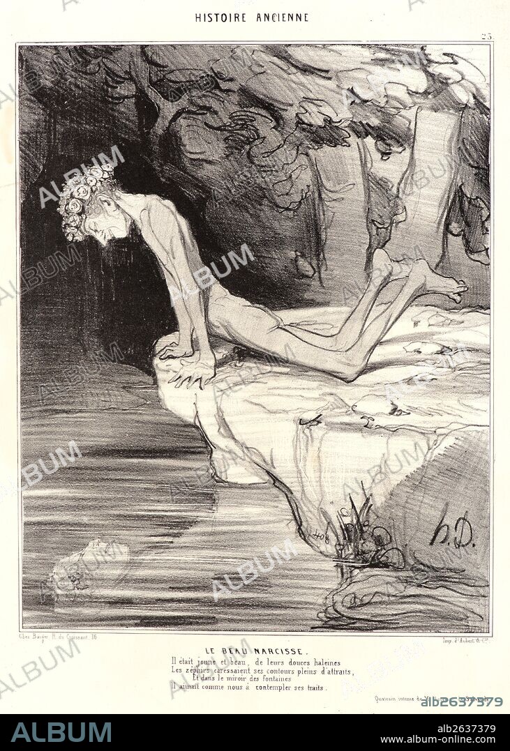 Honoré Daumier (French, 1808 - 1879). Le beau Narcisse, 1842. From Histoire Ancienne. Lithograph on white wove paper. Image: 248 mm x 198 mm (9.76 in. x 7.8 in.). Third of four states.