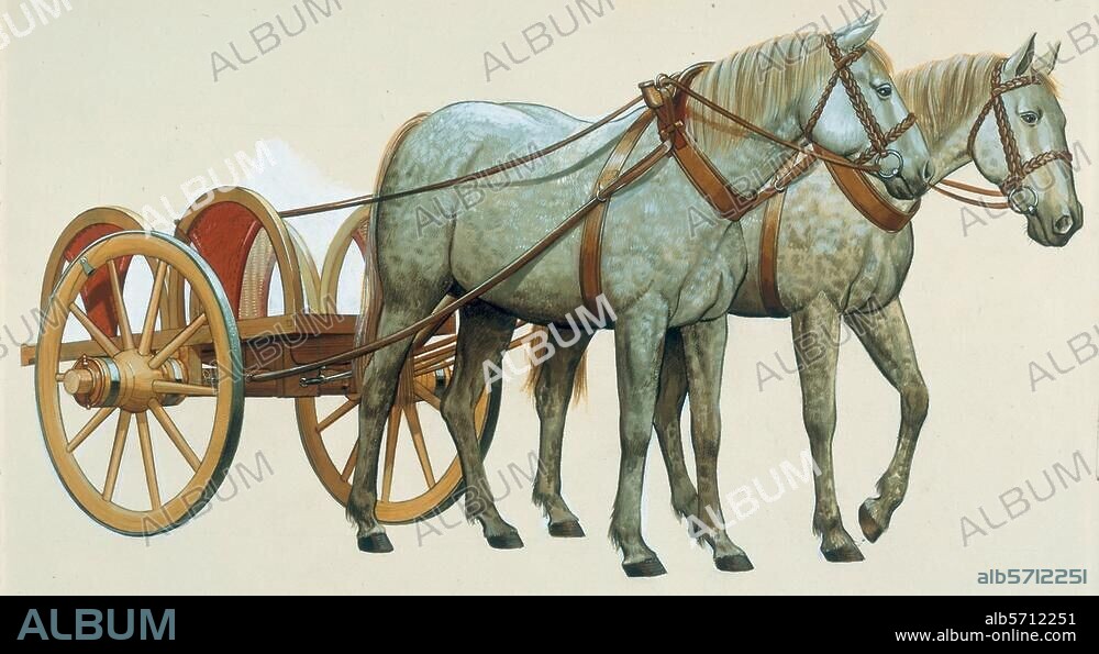 Early History: Celts. Reconstruction of a Celtic war chariot with long body and semi-circular side side parts. To prevent the wheels from separating off the chariot the reins are fixed to the axle, and the pole to the axle and the body of the chariot. Watercolour by Peter Connolly. (1935-2012).