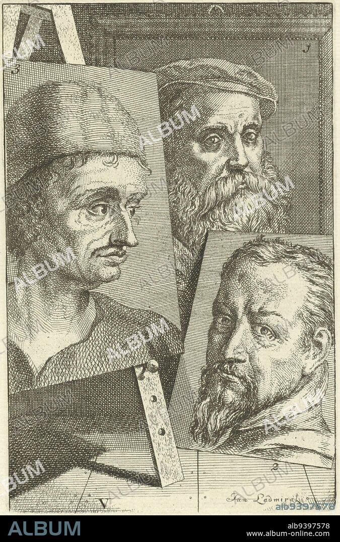 Three numbered artist portraits Portrait of Willem Key no 1, Frans Floris no 2 and Pieter Aertsen no 3 Print marked lower left: V, Portraits of Willem Key, Frans Floris and Pieter Aertsen, print maker: Jan l'Admiral, (mentioned on object), 1764, paper, etching, h 153 mm × w 100 mm.