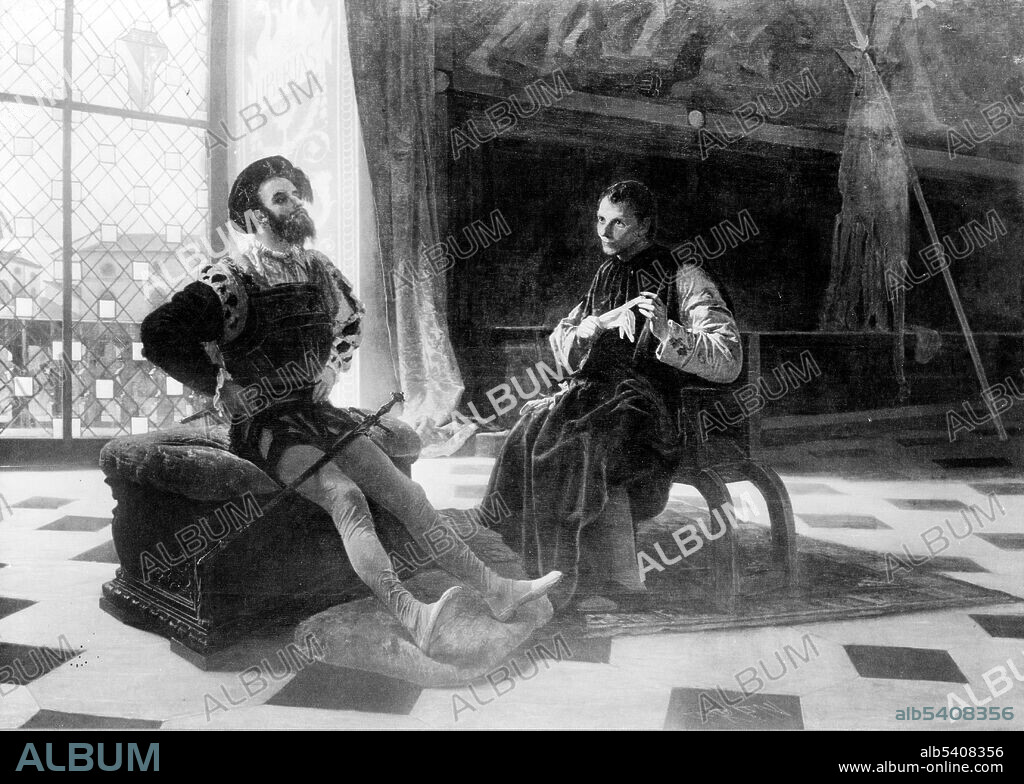 Cesare Borgia seated with Machiavelli. Cesare Borgia (1475-1507), Duke of Valentinois, was an Italian condottiero, nobleman, politician, and cardinal with Aragonese origin, whose fight for power was a major inspiration for The Prince by Machiavelli. Niccolo di Bernardo dei Machiavelli (1469-1527) was an Italian historian, politician, diplomat, philosopher, humanist and writer based in Florence during the Renaissance. He was for many years an official in the Florentine Republic, with responsibilities in diplomatic and military affairs. He was a founder of modern political science, and more specifically political ethics. He was Secretary to the Second Chancery of the Republic of Florence from 1498 to 1512, when the Medici were out of power. He wrote his masterpiece, The Prince, after the Medici had recovered power and he no longer held a position of responsibility in Florence. Reproduction of painting by Federico Faruffini, 1898.