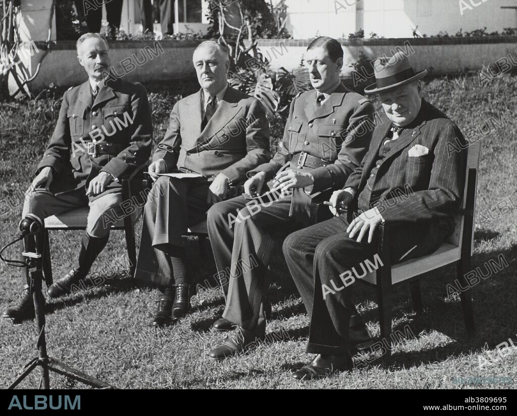 The Casablanca Conference was held from January 14th to January 24th, 1943 and was the first war conference between Allied Powers, during WWII. From left to right: General Giraud (French Commissioner for North Africa), President Roosevelt, General de Gaulle (Leader of the Fighting French), and Mr. Churchill in Casablanca, Morocco, January 24th, 1943.