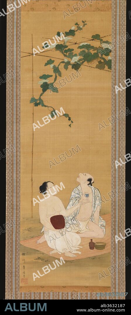 Enjoying the Evening Cool under a Gourd Trellis. Artist: Utagawa Toyohiro (Japanese, 1763-1828). Culture: Japan. Dimensions: Image: 33 1/4 x 11 in. (84.5 x 27.9 cm)
Overall with knobs: 65 1/8 x 16 1/2 in. (165.4 x 41.9 cm). Date: early 19th century.
Known for his creative and subtle depictions of world-weary beauties, Toyohiro here captures a moment in the lives of a couple enjoying a cool evening. Both look relaxed; the husband is about to sing, while his wife, fanning herself, appears to be asking for a sip of wine. Seemingly an exquisite example of pure genre painting, it actually manifests a deeply rooted Japanese tradition in which painting is intimately linked to poetry, in this case a popular verse by Kinoshita Choshoshi (1569-1649):
Under a trellis of evening gourd blossoms,
A man in a shirt and a woman in a petticoat,
Enjoy the cool of evening.