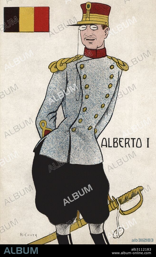R. COSTA. Alberto I de Bélgica (1875-1934), rey de Bélgica. Caricatura. Tarjeta postal, año 1914.