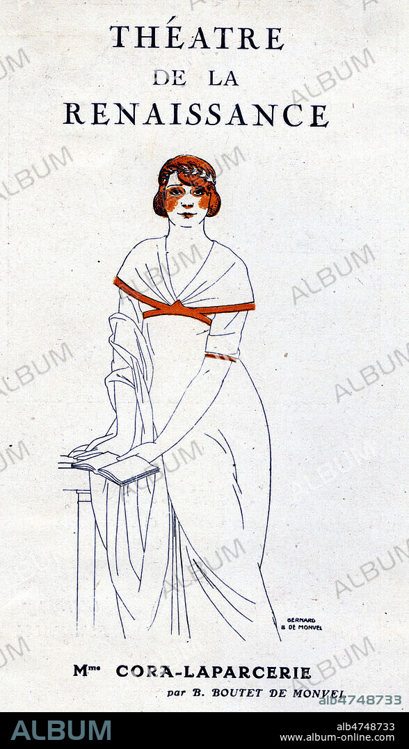 Portrait de l'actrice Cora LAPARCERIE realise par B. BOUTET DE MONVEL (1883-1949 = ADAGP). Carte publicitaire pour le Theatre de la Renaissance, vers 1910. Credit : Collection IM/KHARBINE-TAPABOR.