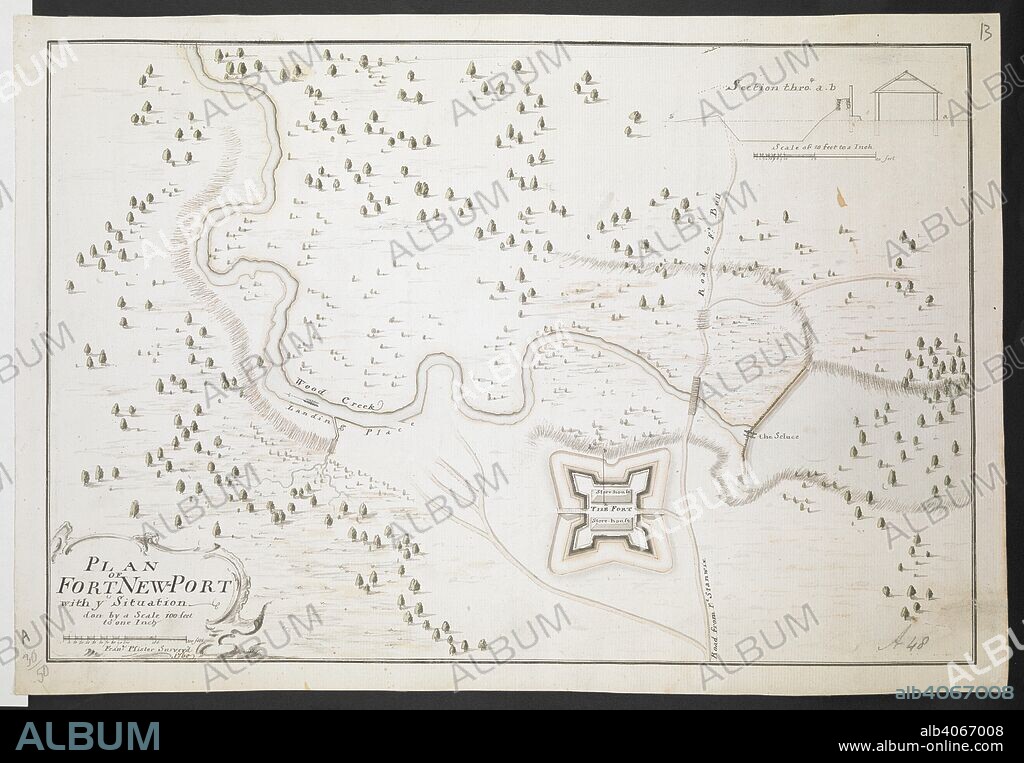 Plan of Fort Newport Fran. Pfister surv. 1760'. 1:1200. 'Scale 100 feet to one inch'. Scale bar of 200 feet (= 2 inches).  255 x 380mm.   . R.U.S.I. MAPS. Vol. LXXVI (1-13). 57711 (1-4). Places in states North-East of New York. 18th century. 1760. Source: Add. 57711.13 Amherst no. A 48. R.U.S.I. no. A 30.50.