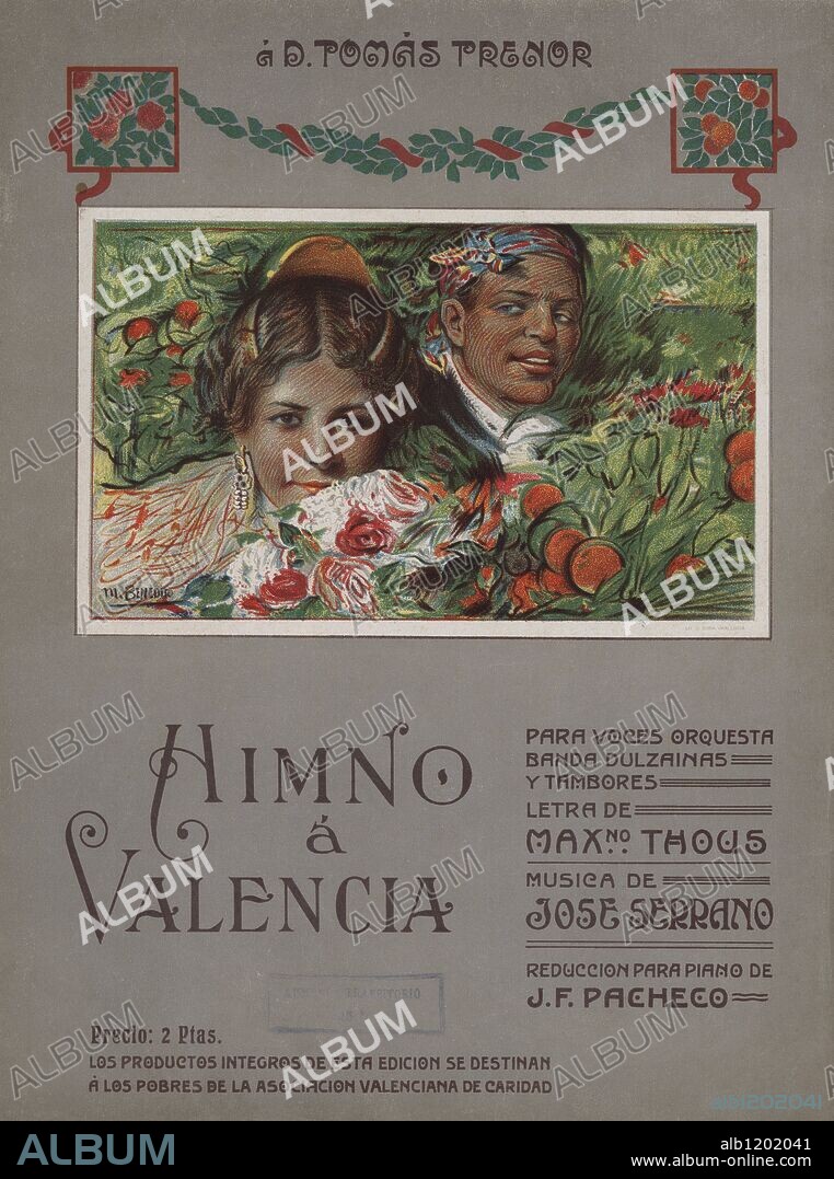 Partitura musical. Himno a Valencia del Maestro José Serrano, compuesto como himno de la región valenciana. Ilustración de M. Benedito. 1909.