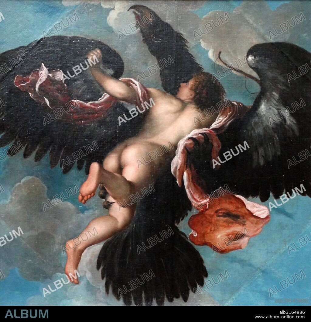 Painting titled 'The Rape of Ganymede' by Damiano Mazza an Italian Renaissance artist, active during the 16th century.