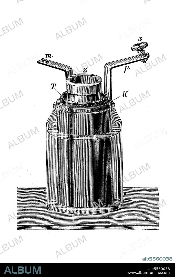 Daniell's element, a historical galvanic cell consisting of a zinc and a copper half-cell, 1836, digitally restored reproduction of an original 19th-century model