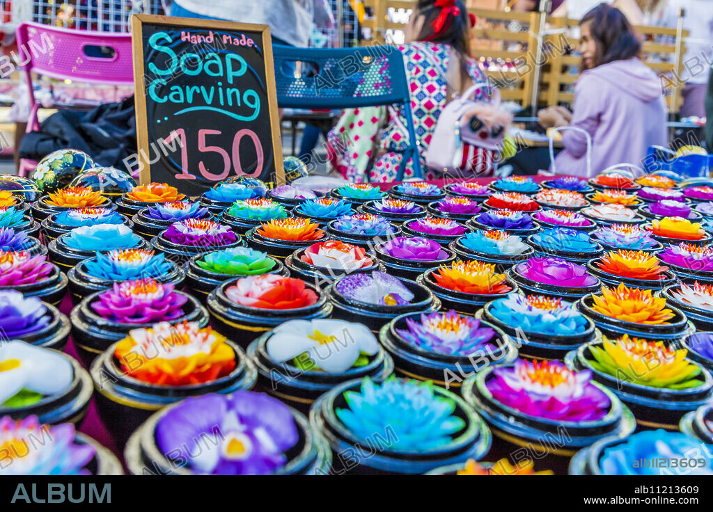Carved soap for sale at the famous Walking Street night market in Phuket old Town, Phuket, Thailand, Southeast Asia, Asia.
