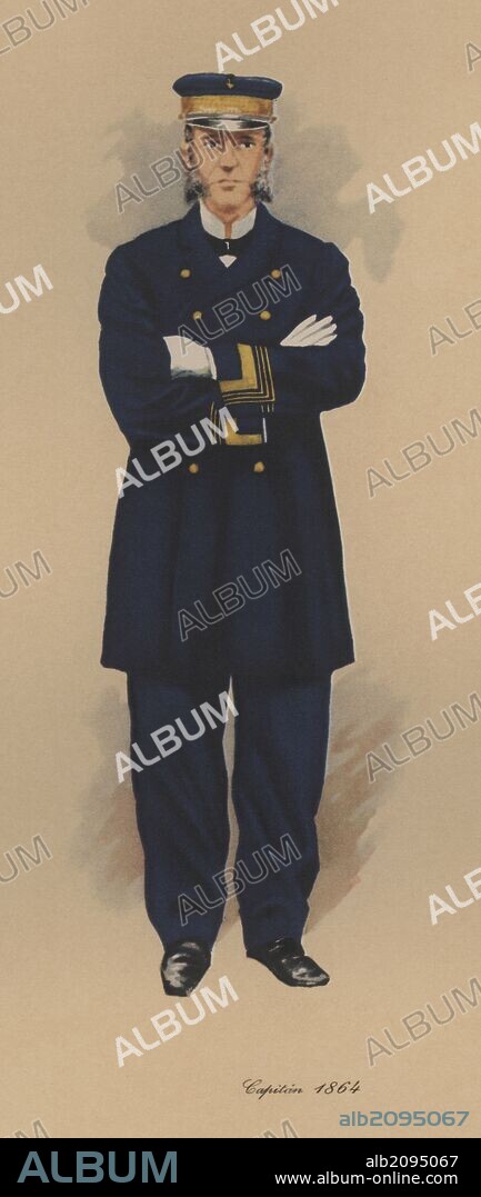 España. Uniformes de Marina. Marina mercante. Capitán en 1864.