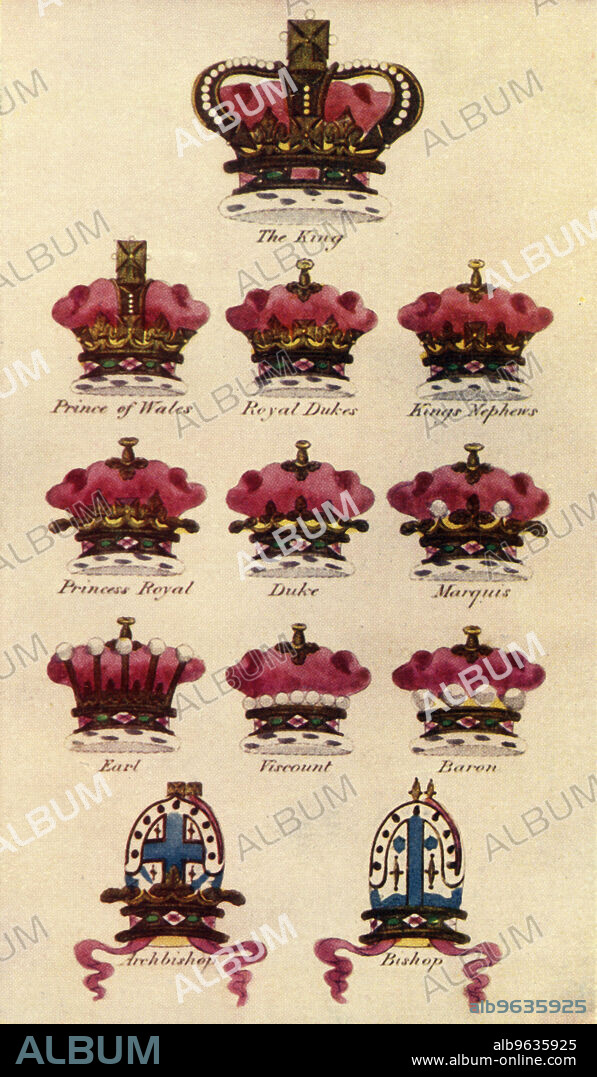 'The Regalia. - 8', c1911. 'Crowns and Coronets of England: The King; Prince of Wales; Royal Dukes; Kings Nephews; Princess Royal; Duke; Marquis; Earl; Viscount; Baron; Archbishop; Bishop'. From "The Portrait Book of Our Kings and Queens 1066-1911", edited by T. Leman Hare. [T. C. & E. C. Jack, London & Edinburgh].