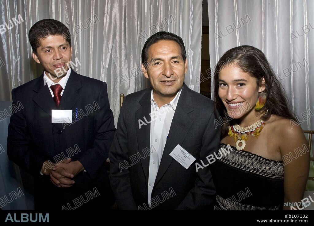 Q'ORIANKA KILCHER, PABLO FAJARDO MENDOZA and LUIS YANZA. Apr 14, 2008 - San Francisco, California, USA - Ecuadorian legal activists PABLO FAJARDO MENDOZA and LUIS YANZA, the South and Central America region recipients of the 2008 Goldman Environmental Prize, with American actress and singer, QORIANKA WAIRA QOIANA KILCHER best known for her role as Pocahontas in the 2005 film The New World. A cousin of singer Jewel Kilcher, KILCHER's father is a Peruvian artist of Quechua and Huachipaeri descent. KILCHER has been active in campaigning for the rights of women, indigenous people and against petroleum industry contamination of the Amazon River Basin. In the Ecuadorian Amazon, FAJARDO and YANZA led one of the largest environmental legal battles in history against oil giant Chevron, demanding justice for the massive petroleum pollution in the region. The Goldman Environmental Prize is a prize given annually to grassroots environmental activists from six geographic areas: Africa, Asia, Europe, Islands and Island Nations, North America, and South and Central America. The prize includes a no-strings-attached award of $150,000 and was created in 1990 by civic leaders and philanthropists Richard N. Goldman and his late wife, Rhoda H. Goldman. Richard Goldman founded Goldman Insurance Services in San Francisco. Rhoda Goldman was a descendant of Levi Strauss, founder of the worldwide clothing company. Winners are selected by an international jury who receive confidential nominations submitted by a worldwide network of environmental organizations and individuals. 14/04/2008