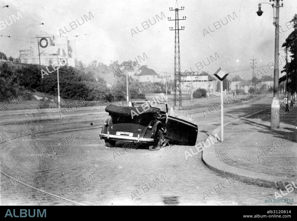 Photograph of Reinhard Heydrich's (1904-1942) Mercedes after his assassination. Reinhard Tristan Eugen Heydrich high-ranking German Nazi official during World War II. Dated 1942.