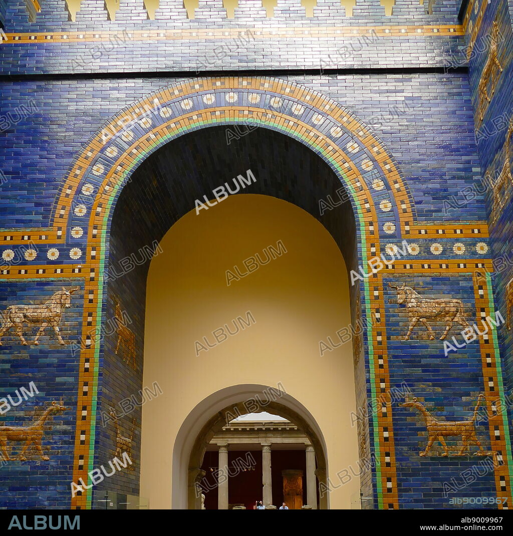 The Ishtar Gate of Babylon. constructed in about 575 BC, by order of King Nebuchadnezzar II on the north side of the city. It was part of a grand walled processional way leading into the city. The walls were finished in glazed bricks mostly in blue, with animals and deities in low relief at intervals, these also made up of bricks that are moulded and colored differently. It was excavated in the early 20th century, and a reconstruction using original bricks, completed in 1930, is now shown in Berlin's Pergamon Museum.