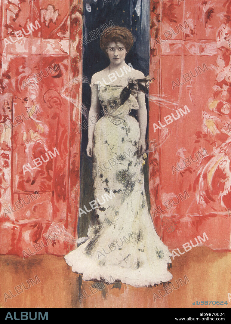 Miss Jessie Bateman as the Governess in The Man from Blankley's, a play by Thomas Anstey Guthrie, Prince of Wales Theatre, 1901. Jessie Eliza Bateman, English stage actress, 1877-1940. Photograph by Reginald Fellows Willson. Colour printing of a hand-coloured illustration based on a monochrome photograph from George Newness Players of the Day, London, 1905.