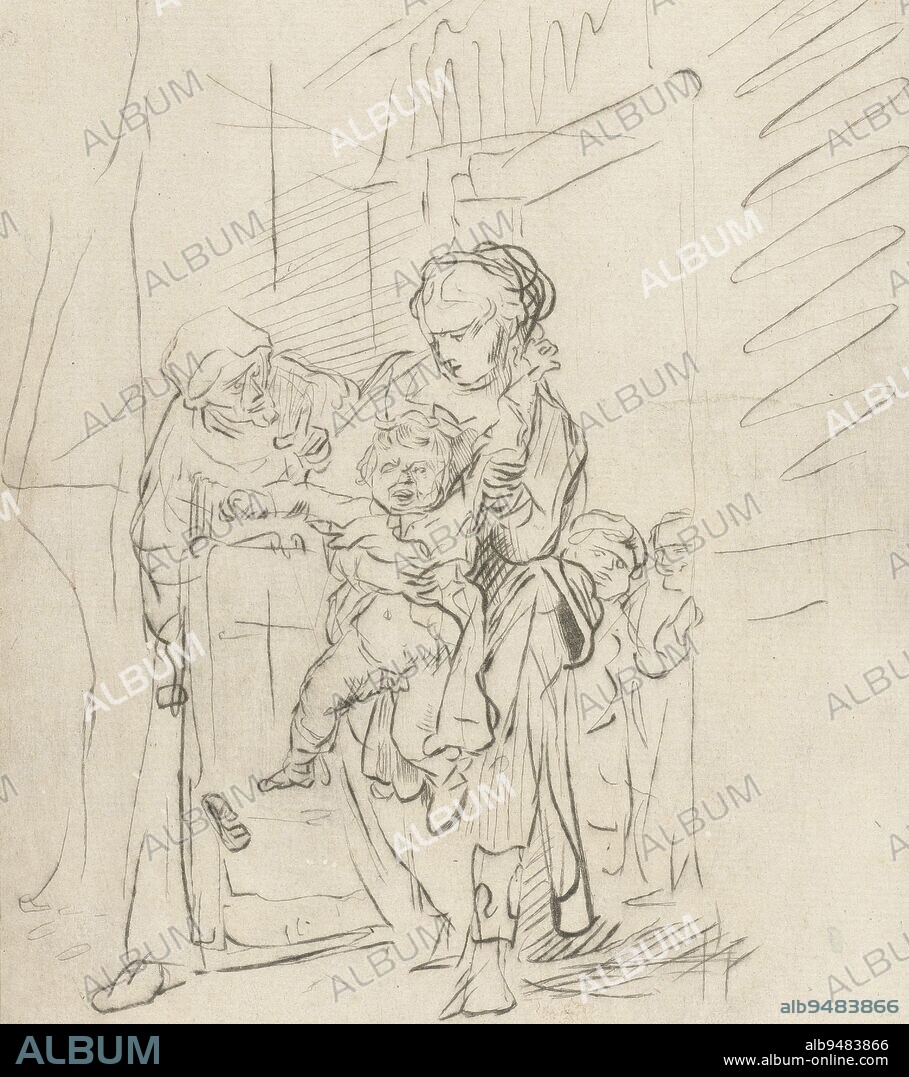 Old woman, opening door to younger woman with floundering, half naked child in arms, in background two watching children, Screaming child, print maker: Joannis Jacobus Bijlaert, Rembrandt van Rijn, Leiden, 1749 - 1809, paper, etching, h 208 mm × w 144 mm.