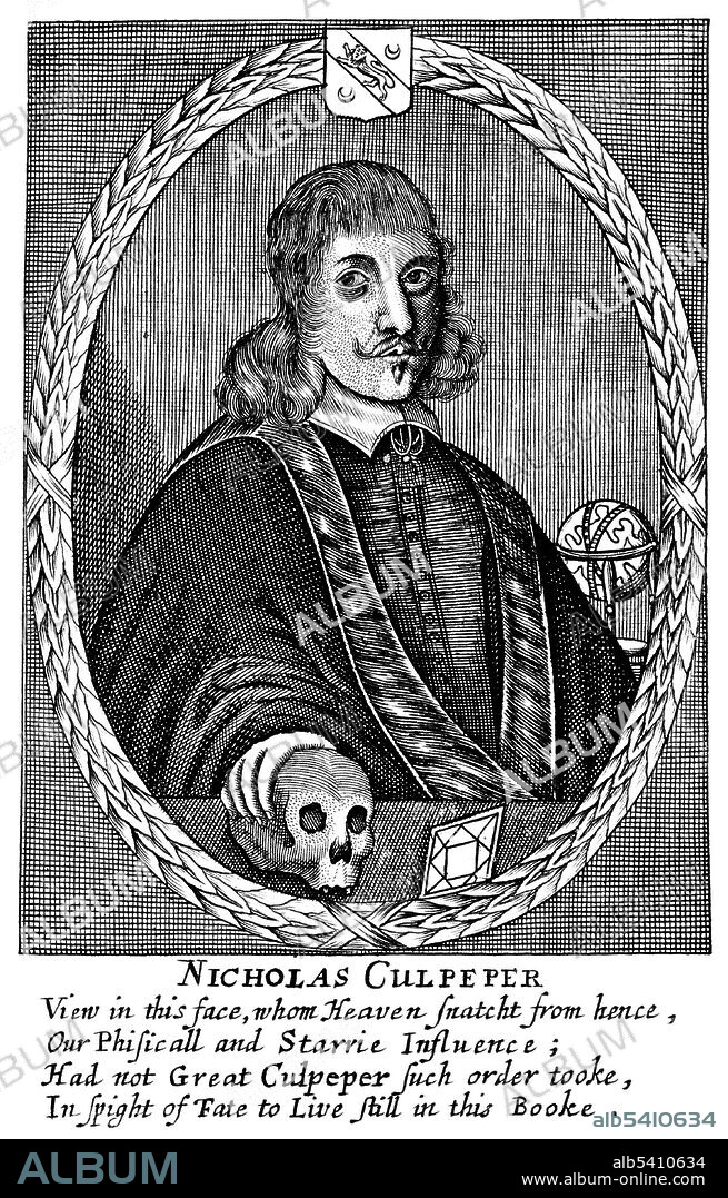 Nicholas Culpeper (October 18, 1616 - January 10, 1654) was an English botanist, herbalist, physician, and astrologer. His published books includes The English Physitian (1652), The Complete Herbal (1653), which contains a rich store of pharmaceutical and herbal knowledge, and Astrological Judgement of Diseases from the Decumbiture of the Sick (1655), which is one of the most detailed documents known on the practice of medical astrology. Culpeper believed medicine was a public asset rather than a commercial secret, and the prices physicians charged were far too expensive compared to the cheap and universal availability of nature's medicine. He felt the use of Latin and expensive fees charged by doctors, lawyers and priests worked to keep power and freedom from the general public. Culpeper attempted to make medical treatments more accessible to laypersons by educating them about maintaining their health. Culpeper was a radical in his time, angering his fellow physicians by condemning their greed, unwillingness to stray from Galen and their use of harmful practices such as toxic remedies and bloodletting. He died of tuberculosis in 1654 at the age of 37. No artist credited, undated.