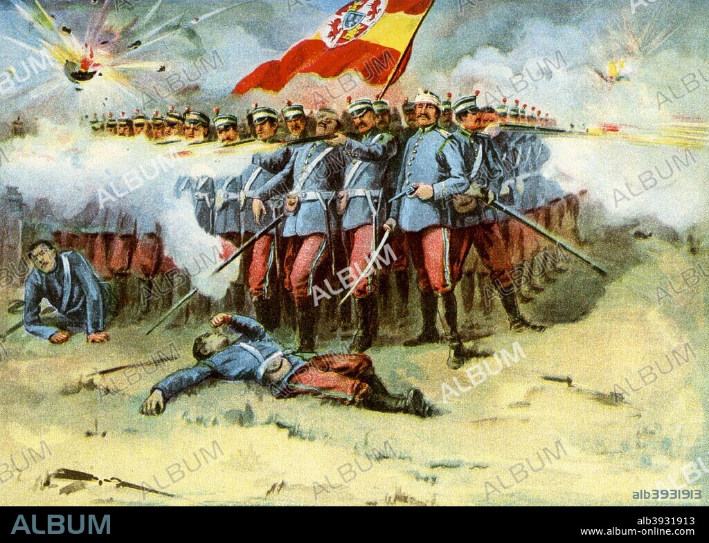 'The Last Stand', square of Spanish infantry, Spanish-American War, 1898. A print from Our Country in War and Relations with All Nations, by Murat Halstead, The United Subscription Book Publishers of America, 1898.