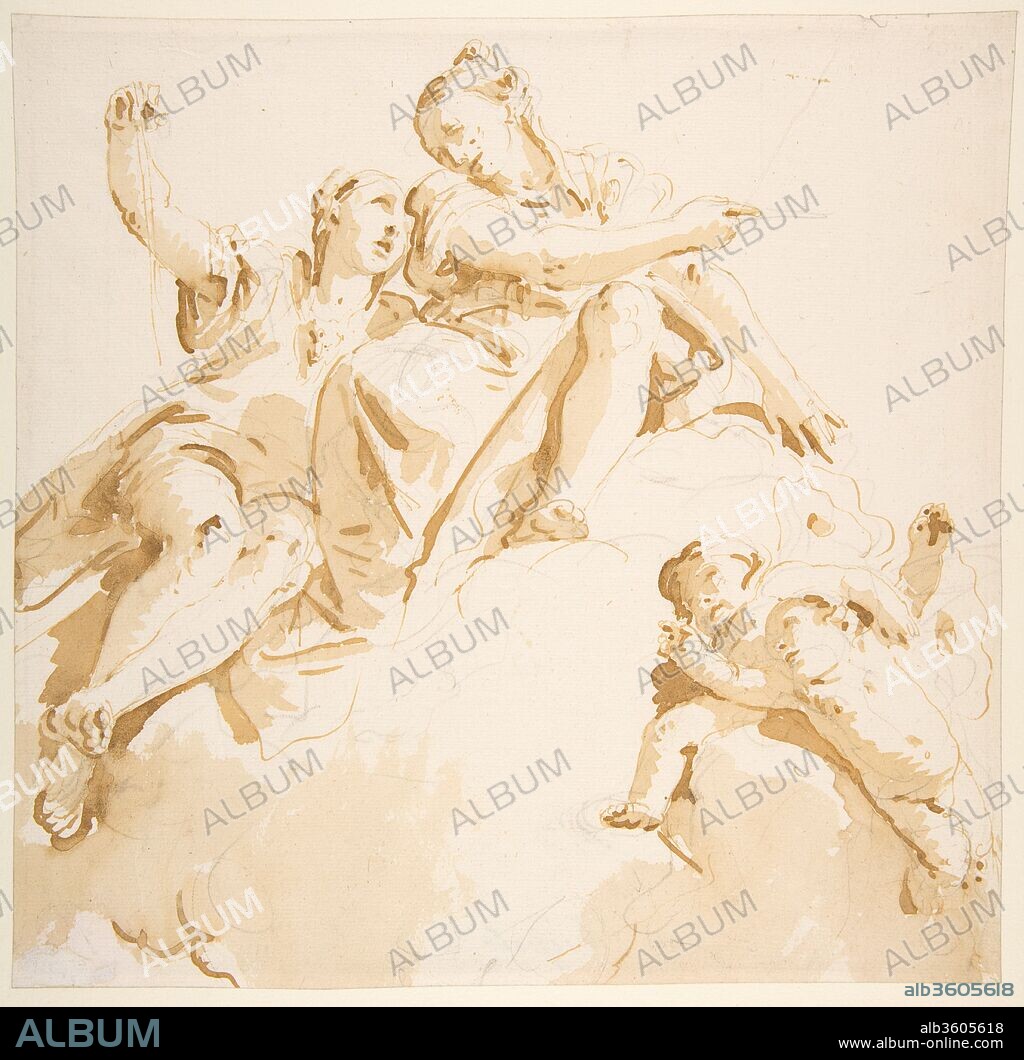 Two Women Seated on a Cloud, and Two Putti. Artist: Giovanni Battista Tiepolo (Italian, Venice 1696-1770 Madrid). Dimensions: 9-7/16 x 9-5/8 in.  (23.9 x 24.4 cm). Date: 1696-1770.