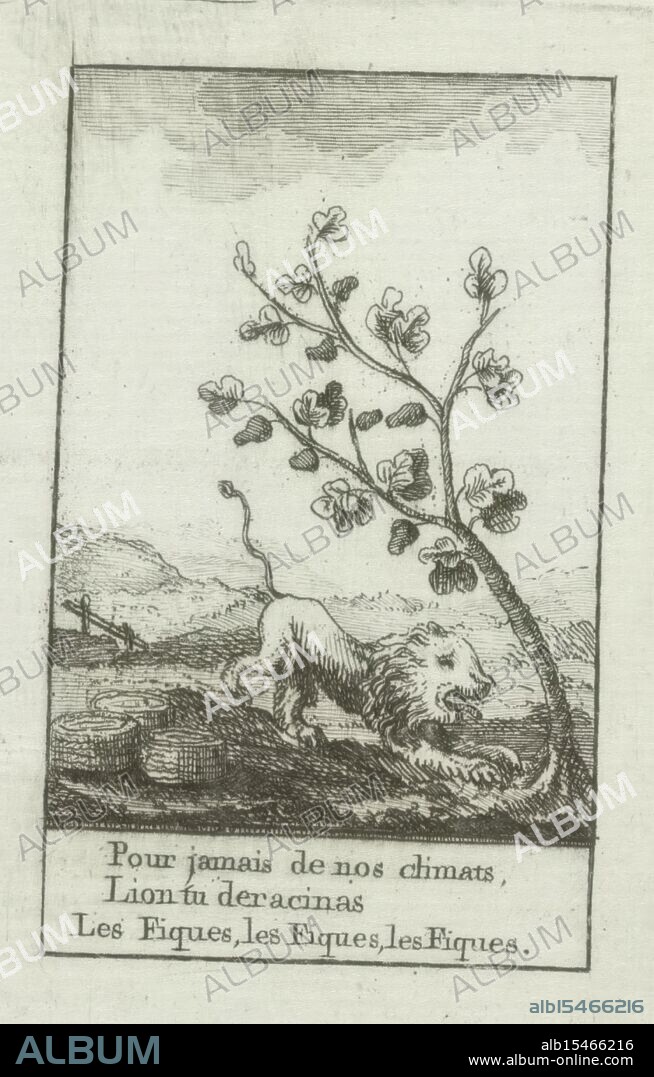 Southern Netherlands, Brabant Revolution, 1787-1790, Pour jamais de nos climats, Lion digging at a fig tree, verso - stamped, Cartoon in which the Brabant lion digs in the ground at the foot of a fig tree. Hereby the date January 11, 1790 written by hand. Part of a large group of prints relating to the events of the Brabant Revolution and the period 1787-1790., print, prent, cartoon, prints, prenten, Frederik Muller Historieplaten, height 92 mm, width 65 mm, print maker, prentmaker, 1787 - 1790, paper, papier, etching, etsen.
