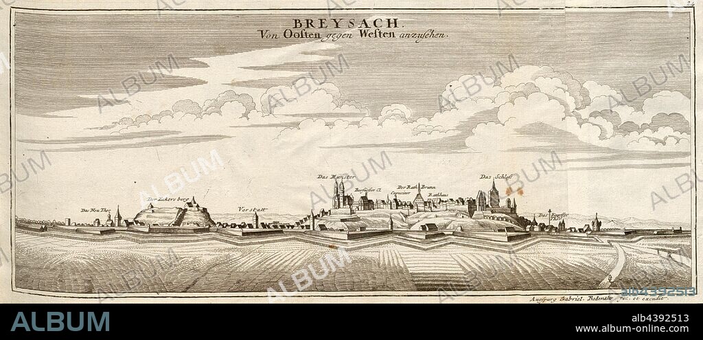 Breysach. View from Oosten to the west, Breisach am Rhein, signed: G. Bodenehr fec., et exc., a., v. Plate 24, p. 24, Bodenehr, Gabriel d. Ä (fec. et exc.), 1710, Gabriel Bodenehr: Europens Pracht und Macht in 200 Kupfer-Stücken: worinnen nicht nur allein die berühmtest und ansehnlichste, sondern auch andere Stätte, Festungen, Schlösser, Klöster, Pässe, Residentien, Palläste, Wasserfälle dises volckreichen Welttheils vermittelst anmuthiger und eigentlicher Prospecte, sambt kurzer geographischer Beschreibung zu sonderm Nuzen u. Gemüth vergnügender Ergözung vorgestellet werden. Augspurg: [Selbstverlag], [ca. 1710].
