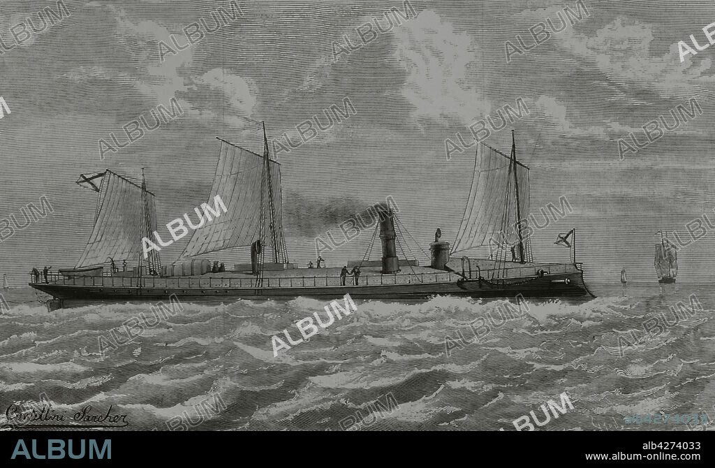ÁNGEL CORTELLINI SáNCHEZ (1858-1912). SPANISH ARTIST. TOMáS CARLOS CAPUZ (1834-1899). SPANISH ENGRAVER.. "Batum" (1880). Buque lanza-torpedos de la Armada Imperial Rusa. Ilustración de A. Cortellini. Grabado por Capuz. La Ilustración Española y Americana, 22 de junio de 1882.