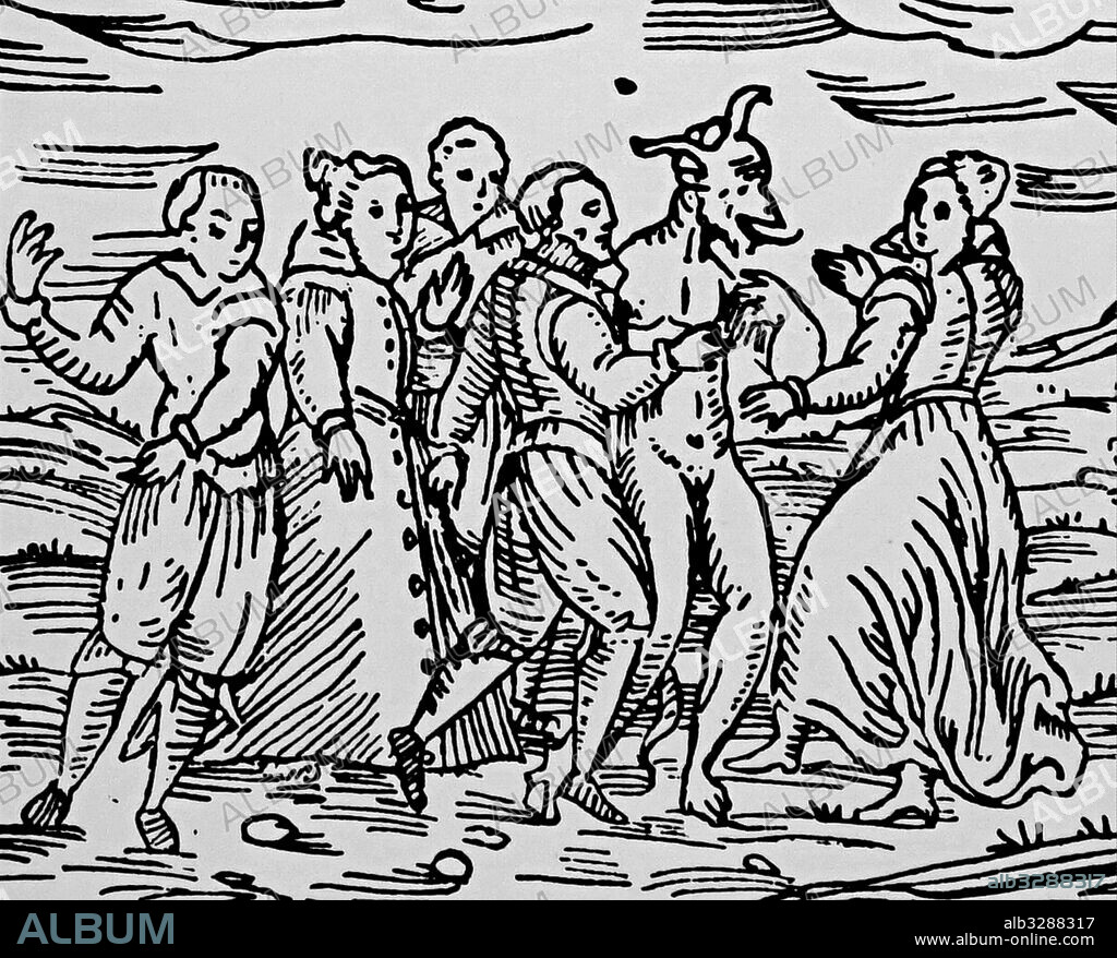 Woodcut depicting a group of witches and warlocks dancing with the Devil at the Sabbath. From Francesco Maria Guazzo (1500-1600) Compendium Maleficarum. Dated 17th Century.