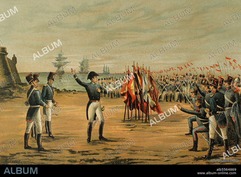 Spanish soldiers in Denmark swearing an oath to remain faithful to the homeland (1808). Chromolithography. "Historia de la Revolución Española" (desde la Guerra de la Independencia a la Restauración en Sagunto), por Vicente Blasco Ibáñez. Volume I. Published in Barcelona, 1890.