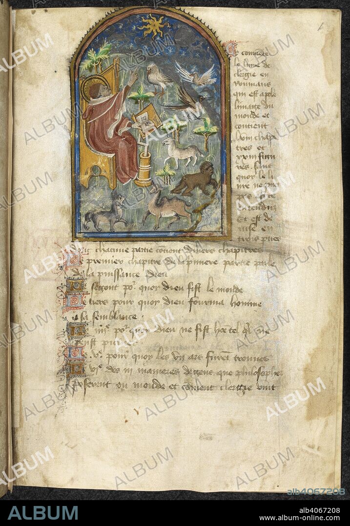 GAUTIER DE METZ. Miniature of God creating animals and birds. Image du Monde (Le livre de clergie en roumans). France, Central (Paris) and England; 2nd quarter of the 15th century. Source: Harley 334, f.1. Language: French.