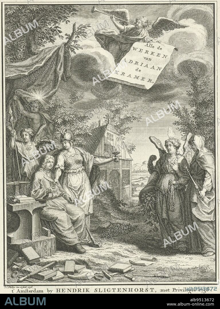 Minerva hands writing feather to Adriaan de Kramer, Jan Caspar Philips, 1736, Minerva hands writing feather to Adriaan de Kramer, who is lauded by Victoria. Minerva points to an angel, holding a horn of plenty, and the burning flame symbolizing faithfulness. She is accompanied by Temperance (Temperantia), holding a bit and staff with the all-seeing eye. In the sky an angel, blowing a trumpet, to which is attached a banner with the title in Dutch., print maker: Jan Caspar Philips, (mentioned on object), Jan Caspar Philips, (mentioned on object), publisher: Hendrik Sligtenhorst, (mentioned on object), Amsterdam, 1736, paper, etching, engraving, h 181 mm × w 134 mm.