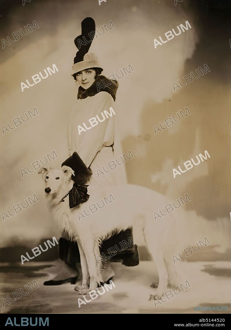 Nicola Perscheid, Die Operettendiva Fritzi Massary, Staatliche Landesbildstelle Hamburg, Collection on the History of Photography, silver gelatin paper, black and white positive process, image size: height: 22.40 cm; width: 16.70 cm, inscribed: recto u. on the box: in brown ink: Fritzi Massary - singer and actress, portrait photography, studio photography/studio photography, full-length portrait, standing figure, opera singer, actor, actress, dog, fashion, clothes, hat, Fritzi Massary.
