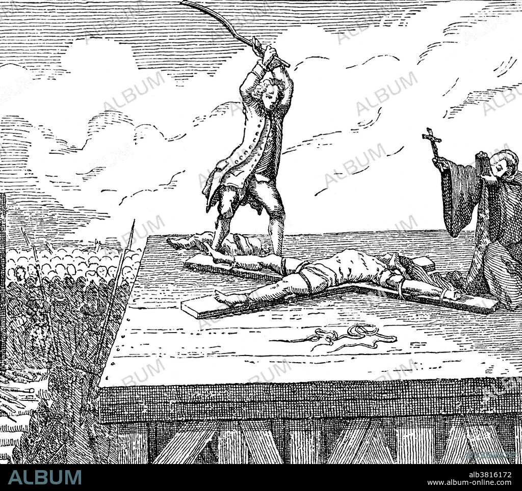 The breaking wheel, also known as the Catherine wheel or simply the wheel, was a torture device used for capital punishment from antiquity into early modern times for public execution by breaking the criminal's bones/bludgeoning him to death. Antoine FranÃ§ois Desrues (1744 - 1777) was a French poisoner. He went to Paris to seek his fortune, and started in business as a grocer. He was known as a man of great piety and devotion, and his business was reputed to be a flourishing one. He entered into negotiations with a Madame de la Motte for the purchase from her of a country estate, and, when the time came for the payment of the purchase money, invited her to stay with him in Paris pending the transfer. While she was still his guest, he poisoned first her and then her son. The disappearance of Madame de la Motte and her son had aroused suspicion. He was arrested, the bodies of his victims were discovered, and he was charged with their murder. He was originally sentenced to life in prison, but was retried and condemned to be torn asunder alive and burned. He was condemned to death and executed in Paris in 1777, Desrues repeating protestations of his innocence to the last.