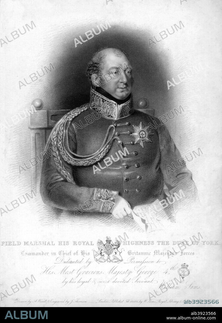 Field Marshal Prince Frederick, Duke of York and Albany (1763-1827), 19th century. Frederick was a member of the British Royal Family, the second eldest child, and second son, of King George III. From 1820 until his death in 1827, he was the heir presumptive to his elder brother, King George IV, both to the United Kingdom and the Kingdom of Hanover.