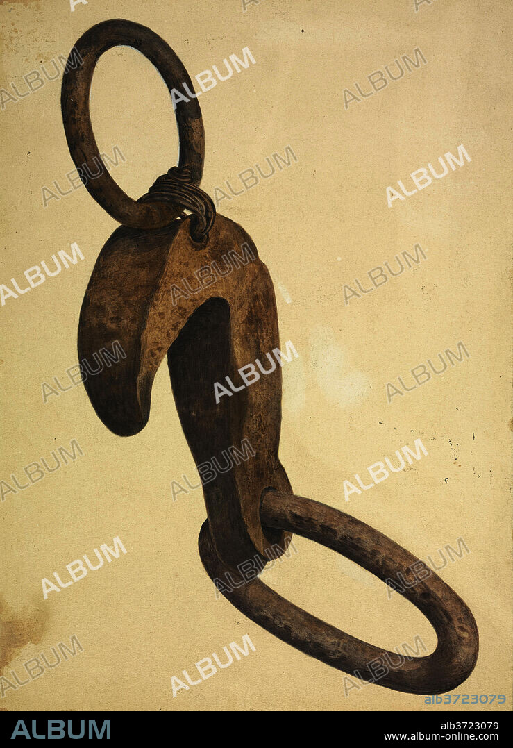 WILLIAM FRANK. Anchor Trip Hook. Dated: c. 1942. Dimensions: overall: 30.2 x 21.6 cm (11 7/8 x 8 1/2 in.)  Original IAD Object: hook: 9" long, 1 3/4" spread; large link: 6 3/4" long, 4 1/2" wide, 3/4" thick; small link: 4" diameter, 1/2"thick.. Medium: watercolor and graphite on paperboard.