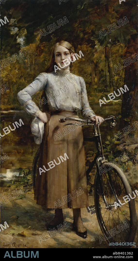 LEON FRANCOIS COMERRE. Bicyclette au Vésinet, 1903. Girl with bicycle at Le Vésinet.