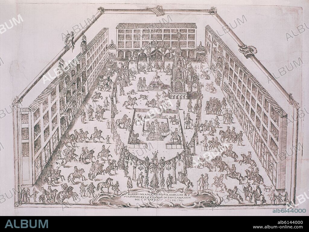 GRABADO- PLAZA DE BIBARRAMBLA CON MOTIVO DE LA PROCLAMACION DE CARLOS III - 1760.
