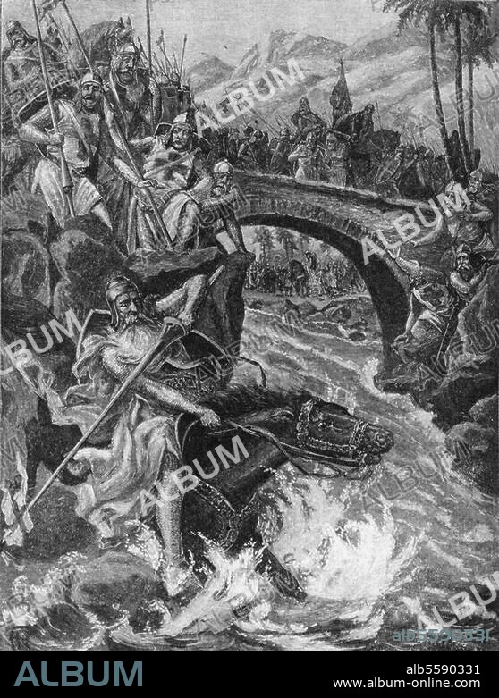 Friedrich I. Barbarossa röm.-dt. Kaiser. 1122-1190. "Kaiser Barbarossas Tod in den Wellen des Saleph in Kleinasien". (10. Juni 1190; 3. Kreuzzug). Holzstich, 1906, nach Gemälde von Fr. Rowland.