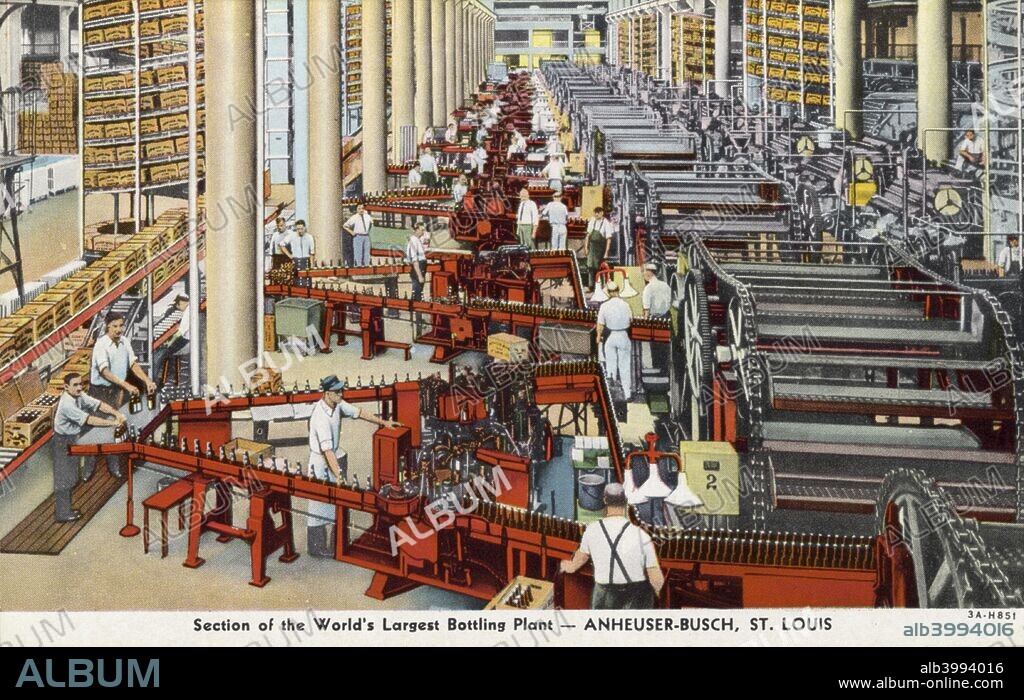 Bottling plant, Anheuser-Busch brewery, St Louis, Missouri, USA, 1933. Vintage postcard showing the interior of the plant, with workers manning the conveyor lines as the bottling process takes place. Anheuser-Busch are best known as the brewers of Budweiser. According to the caption on the postcard, the bottling plant was the largest in the world at the time.
