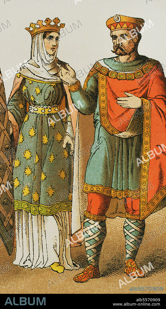 Europa. Alta Edad Media. Siglos VIII-IX. Imperio Carolingio. Princesa y emperador Carlomagno. Cromolitografía. Historia Universal, por César Cantú. Tomo IV. Publicado en Barcelona, 1881.