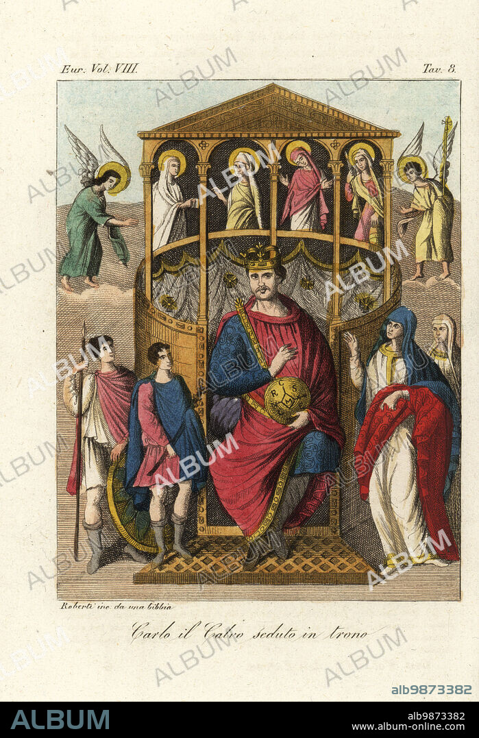Charles the Bald, Carolingian Emperor, on his throne, 9th century. He wears a gold crown, short hair, and holds a sceptre and globe engraved CRS (Carolus). His wife Ermentrude of Orleans (or Richilde of Provence) stands at right. From an illustration in a Bible in the Benedictine monastery of St. Paul, Rome. Carlo il Calvi seduto in trono. Handcoloured copperplate engraving by Roberti from Giulio Ferrarios Costumes Ancient and Modern of the Peoples of the World, Il Costume Antico e Moderno, Florence, 1844.