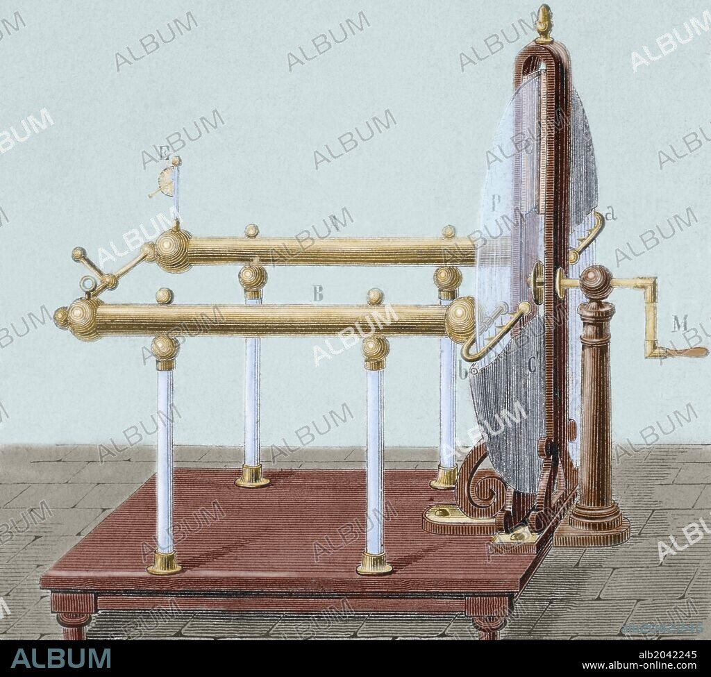 Ramsden electric machine used for producing electricity. It was designed by Jesse Ramsden (1735-1800), English optician and astronomical and scientific instrument maker. Nineteenth century colored engraving.