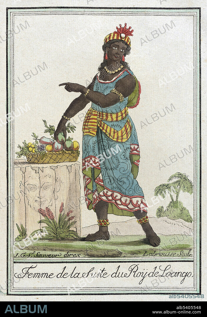 Femme de la Suite du Roÿ de Loango. Woman of the King of Loango's Court. A number of tribes and cultural areas in the African continent had a custom on ladies-in-waiting in historic times. Although these women effectively functioned as ladies-in-waiting, were often members of powerful families of the local nobility in their own right, and were not usually used for sexual purposes, they were none-the-less referred to as their principals' wives. The Kingdom of Loango was a pre-colonial African state, during approximately the 16th to 19th centuries in what is now the western part of the Republic of the Congo and Cabinda. Situated to the north of the more powerful Kingdom of Kongo, at its height in the 17th century Loango influence extended from Cape St Catherine in the north to almost the mouth of the Congo River. Loango exported copper to the European market, and was a major producer and exporter of cloth. A rule of succession was in place around 1600, in which the king gave command over four provinces to members of his family, called the provinces of Kaye, Boke, Selage, and Kabango, and the king was to be chosen from a rotation between them. When the king died the ruler of Kaye took over, and if the rule was followed then the ruler of Boke took his place; the other two provincial rulers advanced as well. Costumes of Different Countries, hand-tinted engraving by Labrousse, published by Jacques Grasset de Saint-Sauveur, 1797.