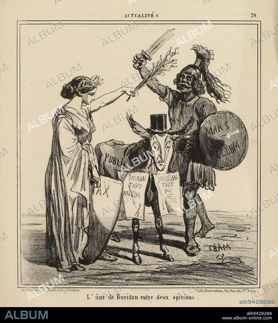 Buridan's donkey between two opinions., Cham (Amédée Charles de Noé, alias), Draftsman-lithographer, Cham (Amédée Charles de Noé, alias), Draftsman, Martinet (printer-bookseller), Publisher, Destouches, Pierre Louis Hippolyte, Printer-Lithographer, Array, Print, Graphic arts, Print, Lithography, Dimensions - Work: Height: 36.5 cm, Width: 28 cm.