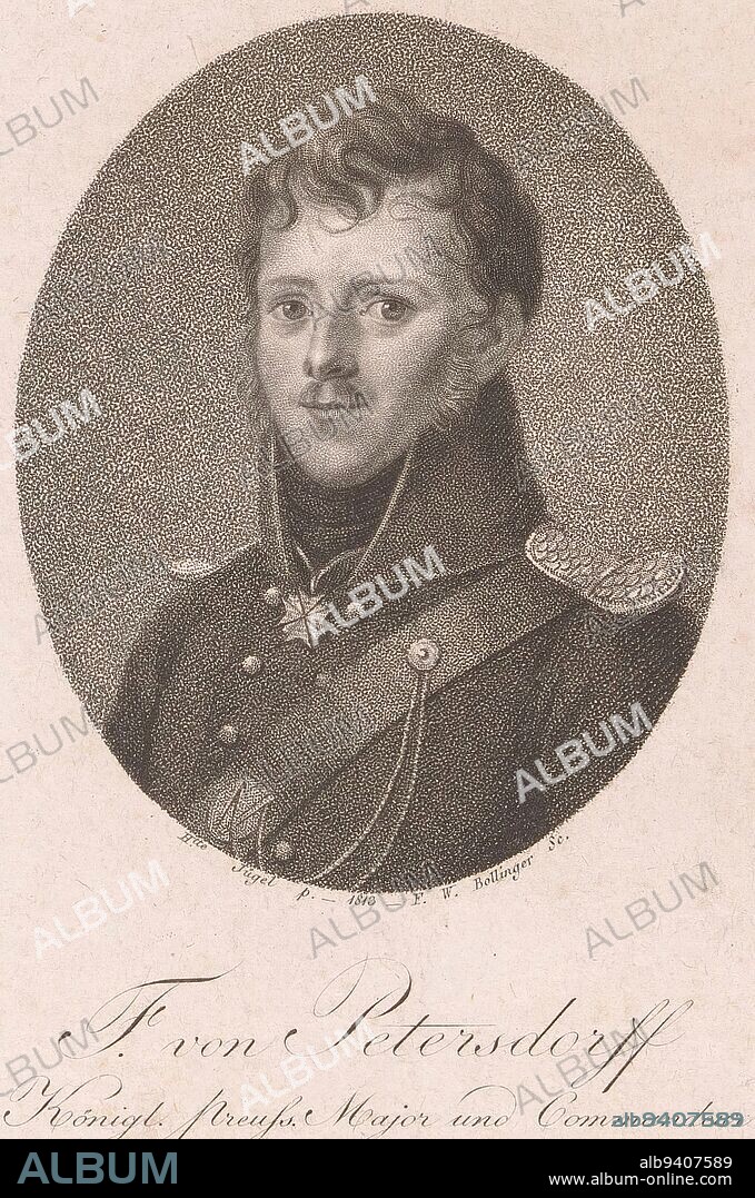 Portrait of Friedrich von Petersdorff, Friedrich Wilhelm Bollinger, after Henriette Jügel, 1813, print maker: Friedrich Wilhelm Bollinger, (mentioned on object), after: Henriette Jügel, (mentioned on object), publisher: C. Salfeld, (mentioned on object), Berlin, 1813, paper, h 215 mm - w 165 mm.