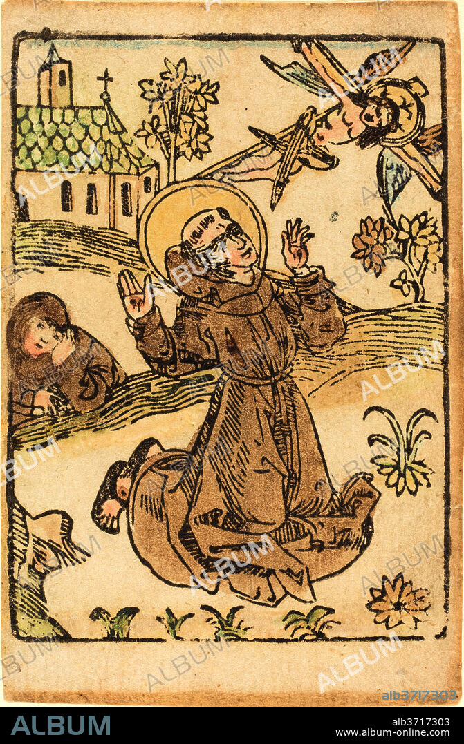 GERMAN 15TH CENTURY. Saint Francis Receiving the Stigmata. Dated: c. 1480. Medium: woodcut, hand-colored in brown, yellow, green, blue, and tan.